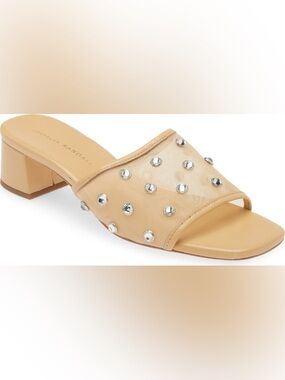 Loeffler Randall Brooke Heeled Slide in Tan Leather + Embellished Mesh Sz: 8.5